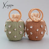 Xajzpa - New Handmade Rhinestone Crystal Embellished Straw Bag Small Bucket Lady Travel Purses And