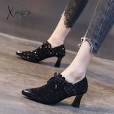 Xajzpa - New High Heels Woman Fashion Sexy Women Pumps Rhinestone Shoes Block Heel Pointed Toe Side