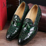 Xajzpa - New Loafers Men Shoes PU Solid Color Fashion Business Casual Party Daily Crocodile Pattern Tassel Breathable Dress Shoes