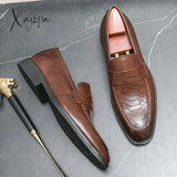 Xajzpa - New Men Dress Shoes Brown Loafers Square Toe Slip-On Pu Business Sapato Masculino Brown /