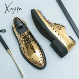 Xajzpa - New Men Dress Shoes Gold Oxfords Round Toe Lace-Up Spring Autumn Handmade Fashion Free