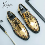 Xajzpa - New Men Dress Shoes Gold Oxfords Round Toe Lace-Up Spring Autumn Handmade Fashion Free