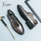 Xajzpa - New Men Dress Shoes Gold Oxfords Round Toe Lace-Up Spring Autumn Handmade Fashion Free