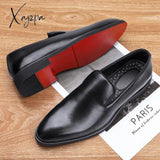Xajzpa - New Men Loafers PU Solid Color Pointed Toe Classic Simple Red Bottom Slip-on Fashion Business Casual Daily Gentleman Dress Shoes