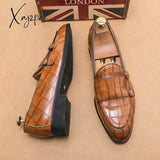 Xajzpa - New Men Monk Loafers Pu Solid Color Round Toe Double Buckle Stone Pattern Fashion Business