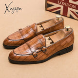 Xajzpa - New Men Monk Loafers Pu Solid Color Round Toe Double Buckle Stone Pattern Fashion Business