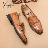 Xajzpa - New Men Monk Loafers Pu Solid Color Round Toe Double Buckle Stone Pattern Fashion Business