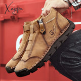 Xajzpa - New Mens Genuine Leather Shoes Luxury Slip On Handmade Ankle Boots Comfortable Winter