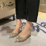 Xajzpa - New Pointed Toe Rhinestones Women Sandals Female Transparent Thin High Wedding Shoes