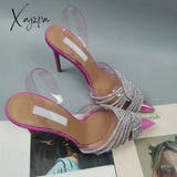 Xajzpa - New Pointed Toe Rhinestones Women Sandals Female Transparent Thin High Wedding Shoes