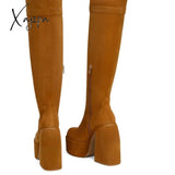 Xajzpa - New Quality Flock Leather Ankle Boots Women High Heels Platform Round Toe Autumn Winter