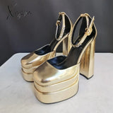 Xajzpa - New Sexy Women’s Pumps Genuine Leather Silk Sandals Thick High Heel Platform Rhinestone