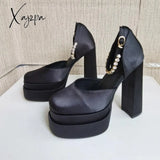 Xajzpa - New Sexy Women’s Pumps Genuine Leather Silk Sandals Thick High Heel Platform Rhinestone