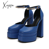 Xajzpa - New Sexy Women’s Pumps Genuine Leather Silk Sandals Thick High Heel Platform Rhinestone