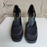 Xajzpa - New Sexy Women’s Pumps Genuine Leather Silk Sandals Thick High Heel Platform Rhinestone