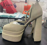 Xajzpa - New Sexy Women’s Pumps Genuine Leather Silk Sandals Thick High Heel Platform Rhinestone