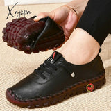 Xajzpa - New Spring Casual Women Shoes Platform Loafers Lace Up Leather Flats Slip-On Mom Shoe