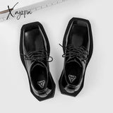 Xajzpa - New Square Head Leather Shoes Women Casual Men Formal Dress Thick Bottom Loafers Lace-Up