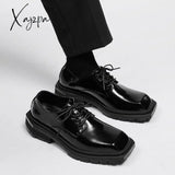 Xajzpa - New Square Head Leather Shoes Women Casual Men Formal Dress Thick Bottom Loafers Lace-Up