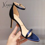 Xajzpa - New Summer Elegant Women Silk Blue Wine Red 8Cm Thin High Heels Fashion Wedding Party