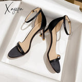 Xajzpa - New Summer Elegant Women Silk Blue Wine Red 8Cm Thin High Heels Fashion Wedding Party