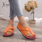 Xajzpa - New Summer Women Pu Leather Sandals Fashion Peep Toe Buckle Design Roman Flat Shoes Beach