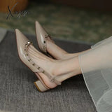 Xajzpa - New Summer Women Sandals Rivet Pointed Toe Chunky Heel Low Flat Females Pumps Fashion High