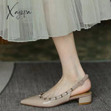 Xajzpa - New Summer Women Sandals Rivet Pointed Toe Chunky Heel Low Flat Females Pumps Fashion High