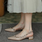 Xajzpa - New Summer Women Sandals Rivet Pointed Toe Chunky Heel Low Flat Females Pumps Fashion High