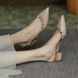 Xajzpa - New Summer Women Sandals Rivet Pointed Toe Chunky Heel Low Flat Females Pumps Fashion High