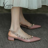 Xajzpa - New Summer Women Sandals Rivet Pointed Toe Chunky Heel Low Flat Females Pumps Fashion High