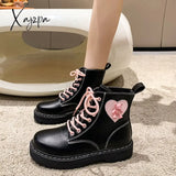 Xajzpa - New Sweet Pink Lace-Up Boots Women Motorcycle Ankle Botas Female Punk Shoes Thick Sole