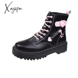 Xajzpa - New Sweet Pink Lace-Up Boots Women Motorcycle Ankle Botas Female Punk Shoes Thick Sole