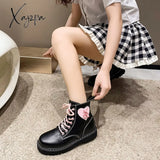 Xajzpa - New Sweet Pink Lace-Up Boots Women Motorcycle Ankle Botas Female Punk Shoes Thick Sole