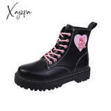 Xajzpa - New Sweet Pink Lace-up Boots Women Motorcycle Ankle Botas Female Punk Shoes Thick Sole Black Martins Boots Women's Shoes