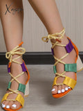 Xajzpa - New Trend Summer Chunky Shoes Fashion Women High Heels Sandals Designer Weave Ankle Lace