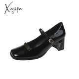 Xajzpa - New Woman High Heel Shoes Square Heels Round Toe Mary Janes Pumps Buckle Strap Black Brown