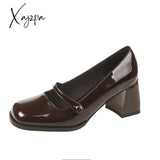 Xajzpa - New Woman High Heel Shoes Square Heels Round Toe Mary Janes Pumps Buckle Strap Black Brown Handmade Elegant Lady Shoes