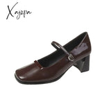 Xajzpa - New Woman High Heel Shoes Square Heels Round Toe Mary Janes Pumps Buckle Strap Black Brown