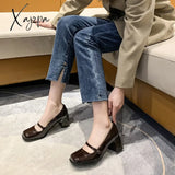 Xajzpa - New Woman High Heel Shoes Square Heels Round Toe Mary Janes Pumps Buckle Strap Black Brown