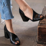 Xajzpa - New Women High Heels Peep Toe Hollow Out Soild Color Sexy Party Ladies Sandals Fahsion