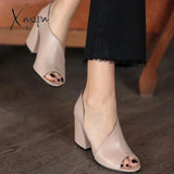 Xajzpa - New Women High Heels Peep Toe Hollow Out Soild Color Sexy Party Ladies Sandals Fahsion