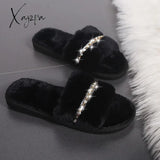 Xajzpa - New Women Home Slippers Fashion Shiny Rhinestones Design Open Toe Indoor Winter Flat