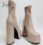 Xajzpa - New Women Platform Boots Chunky Heels Designer Shoes For Motorcycle Side Zipper Women’s