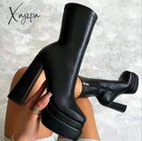 Xajzpa - New Women Platform Boots Chunky Heels Designer Shoes For Motorcycle Side Zipper Women’s