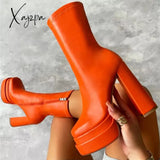 Xajzpa - New Women Platform Boots Chunky Heels Designer Shoes For Motorcycle Side Zipper Women’s