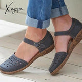 Xajzpa 2023 New Women Round Toe Hollow-Out Sandals Comfortable Soft Hook Loop Mary Jane Flat Sandal