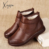 Xajzpa - New Women's Real Leather Ankle Boots Thick Bottom Plush Shoes Women Winter Warm Shoes Fashion Cool Footwear Size 34-41