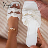 Xajzpa - New Women’s Slippers Summer Bow Square Toe Shoes Twist Strap Ladies Flat Sandals Outdoor