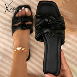 Xajzpa - New Women’s Slippers Summer Bow Square Toe Shoes Twist Strap Ladies Flat Sandals Outdoor